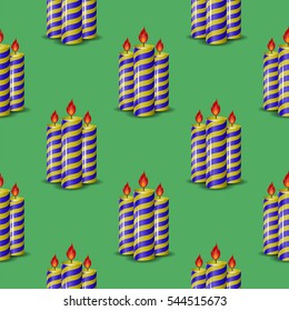 Vector Blue Yellow Wax Candles Seamless Pattern Isolated on Green Background. Burning Candles Set.