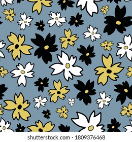 Vector blue yellow white black flowers Russian forest seamless pattern background. Perfect for fabric, wallpaper, scrapbooking, projects.