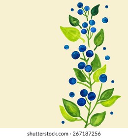 Vector. Blueberries berries, branches and leaves. Watercolor painting. Hand drawn illustration. 