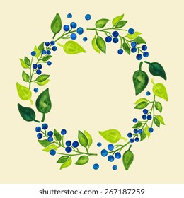 Vector. Blueberries berries, branches and leaves. Wreath. Watercolor painting. 