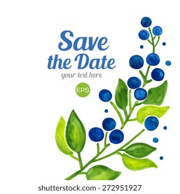 Vector. Blueberries berries, branches and leaves. Wreath. Watercolor painting. Blue, indigo, green, white bright colors. Save the date text. Web and mobile interface template.