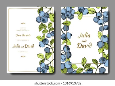Vector Blueberry blue and green engraved ink art. Berries and green leaves. Wedding background card floral decorative border. Thank you, rsvp, invitation elegant card illustration graphic set banner.
