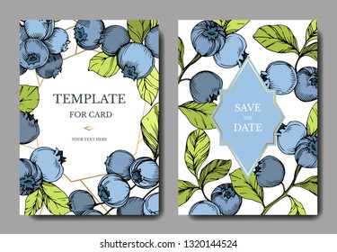 Vector Blueberry blue and green engraved ink art. Berries and green leaves. Wedding background card floral decorative border. Thank you, rsvp, invitation elegant card illustration graphic set banner.