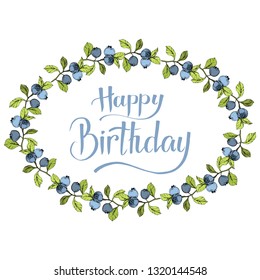 Vector Blueberry blue and green engraved ink art. Berries and green leaves. Leaf plant botanical garden floral foliage. Frame border ornament square.