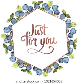 Vector Blueberry blue and green engraved ink art. Berries and green leaves. Leaf plant botanical garden floral foliage. Frame border crystal ornament square.