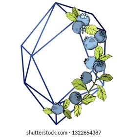 Vector Blueberry blue and green engraved ink art. Berries and green leaves. Leaf plant botanical garden floral foliage. Frame border crystal ornament square.