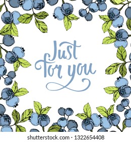 Vector Blueberry blue and green engraved ink art. Berries and green leaves. Leaf plant botanical garden floral foliage. Frame border ornament square.