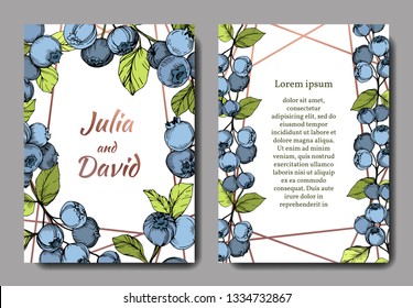 Vector Blueberry blue and green engraved ink art. Berries and green leaves. Wedding background card floral decorative border. Thank you, rsvp, invitation elegant card illustration graphic set banner.