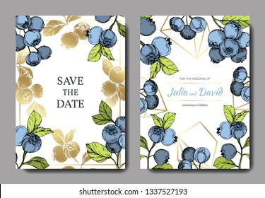 Vector Arte de tinta azul y verde grabado. Berries y hojas verdes. Borde decorativo floral de la tarjeta de fondo de boda. Gracias, rsvp, invitación elegante ilustración de tarjeta de conjunto de gráficos banner.