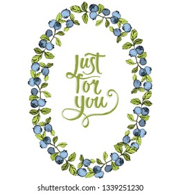 Vector Blueberry blue and green engraved ink art. Berries and green leaves. Leaf plant botanical garden floral foliage. Frame border ornament square.