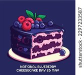 vector blueberry cheesecake with white plate and bold text national blueberry cheesecake day 26 may isolated on blue background