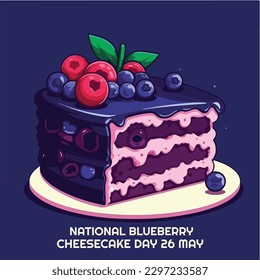 vector blueberry cheesecake with white plate and bold text national blueberry cheesecake day 26 may isolated on blue background