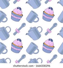 Vector blueberry cupcake and tea pots pattern