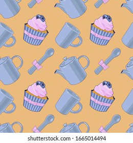 Vector blueberry cupcake and tea pots pattern