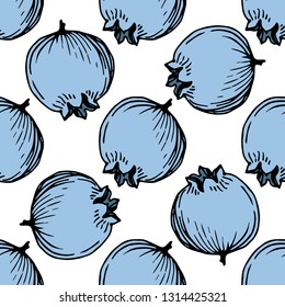 Vector Blueberry green and blue engraved ink art. Berries and green leaves. Leaf plant botanical garden floral foliage. Seamless background pattern. Fabric wallpaper print texture.