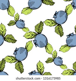 Vector Blueberry green and blue engraved ink art. Berries and green leaves. Leaf plant botanical garden floral foliage. Seamless background pattern. Fabric wallpaper print texture.
