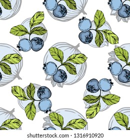 Vector Blueberry arte de tinta verde y azul grabado. Berries y hojas verdes. Planta de hojas de vegetación botánica follaje floral. Patrón de fondo sin inconvenientes. Textura de impresión de papel tapiz de tela.