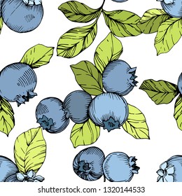 Vector Blueberry green and blue engraved ink art. Berries and green leaves. Leaf plant botanical garden floral foliage. Seamless background pattern. Fabric wallpaper print texture.