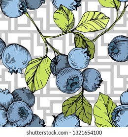 Vector Blueberry green and blue engraved ink art. Berries and green leaves. Leaf plant botanical garden floral foliage. Seamless background pattern. Fabric wallpaper print texture.