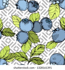 Vector Blueberry green and blue engraved ink art. Berries and green leaves. Leaf plant botanical garden floral foliage. Seamless background pattern. Fabric wallpaper print texture.