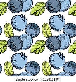 Vector Blueberry green and blue engraved ink art. Berries and green leaves. Leaf plant botanical garden floral foliage. Seamless background pattern. Fabric wallpaper print texture.