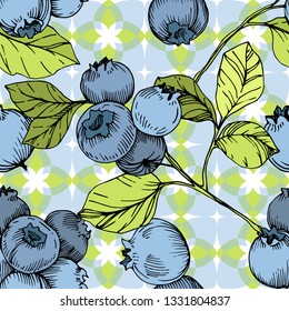 Vector Blueberry green and blue engraved ink art. Berries and green leaves. Leaf plant botanical garden floral foliage. Seamless background pattern. Fabric wallpaper print texture.