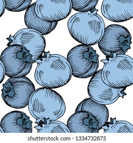 Vector Blueberry green and blue engraved ink art. Berries and green leaves. Leaf plant botanical garden floral foliage. Seamless background pattern. Fabric wallpaper print texture.