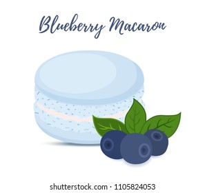 Vector blueberry macaron with meringue cream. Sweet french confectionery with berry. Delicious pastry. Made in cartoon flat style