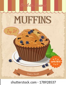 Vector blueberry muffin. Poster in vintage style.