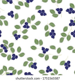 Plantas vectoriales de arándano azul con hojas sobre fondo blanco patrón de repetición sin problemas. Antecedentes para textiles, tarjetas, manufactura, papel pintado, envoltura de regalo y reserva de chatarra.