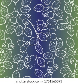 Plantas vectoriales de arándano azul línea arte sobre azul y verde ormbre rayado fondo transparente patrón de repetición sin dificultad. Antecedentes para textiles, tarjetas, manufactura, papel pintado, envoltura de regalo y reserva de chatarra.