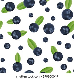 Vector blueberry seamless pattern. Realistic berries with green leaves. Isolated objects on white background.