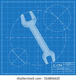 Vector blueprint adjustable wrench icon on engineer or architect background.  
