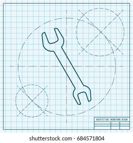 Vector blueprint adjustable wrench icon on engineer and architect background 