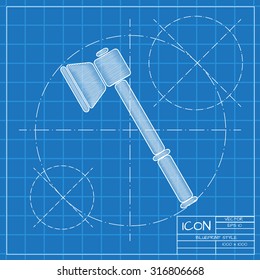 Vector blueprint axe icon on engineer or architect background.  