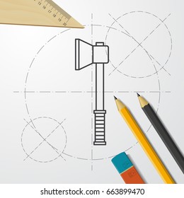 Vector blueprint axe icon on engineer and architect background 