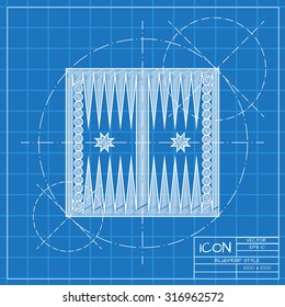 Vector blueprint backgammon table with dices icon on engineer or architect background.  