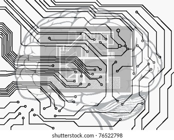 vector blueprint background with circuit boar, brain and plan of house