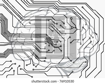 vector blueprint background with circuit boar, brain and plan of house