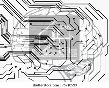 vector blueprint background with circuit boar, brain and plan of house