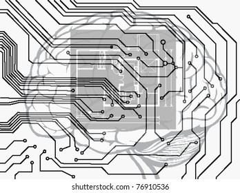 vector blueprint background with circuit boar, brain and plan of house
