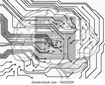 vector blueprint background with circuit boar, brain and plan of house