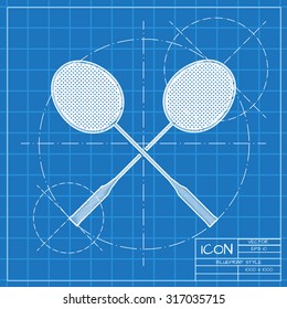 Vector blueprint badminton icon on engineer or architect background.  