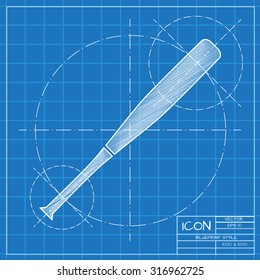 Vector blueprint baseball bat icon on engineer or architect background.  