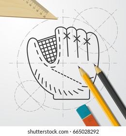 Vector blueprint baseball glove icon on engineer and architect background 