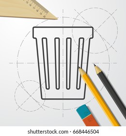 Vector blueprint basket icon on engineer and architect background 