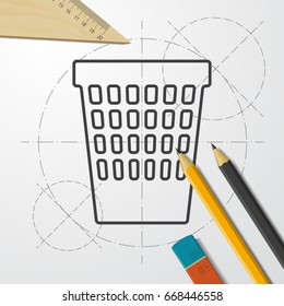 Vector blueprint basket icon on engineer and architect background 