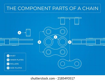 Vector blueprint: bicycle chain component parts. Blue background