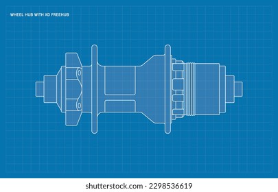 Vector blueprint bicycle hub with freehub XD body. Isolated on white background.