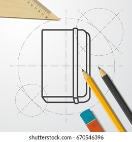 Vector blueprint book icon on engineer and architect background 